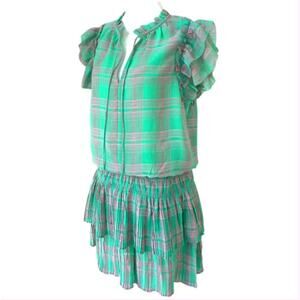 💚 Ruffle Green & Pink Plaid Mini Dress - Current Air - XS